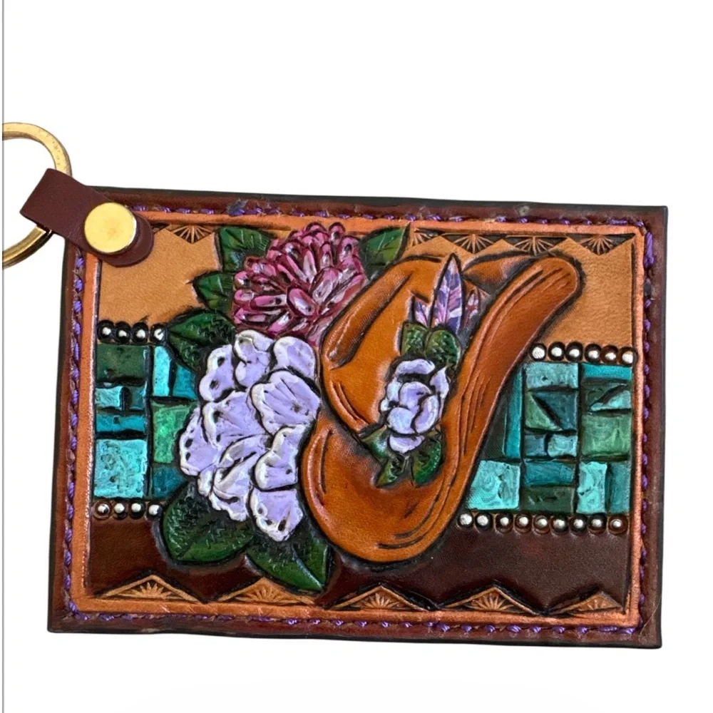 Artisan Handmade Western Southwest Leather Card Holder Cowgirl Keychain Wallet